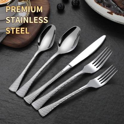 Hammered Silver Silverware Set for 8,Stainless Steel 40-Piece Modern Cutlery Set,Mirror Polished Heavy Duty Flatware Set Utensil Set,Knives Spoons and Forks Set,Dishwasher Safe