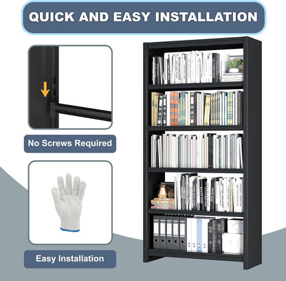 Bookshelf, 5 Shelf Bookcases, Tall Bookcase for Heavy Books, CDs, Movies, Garage Kit, Modern Display Shelf for Library Home Office Bderoom Living Room, Metal Bookshelves Industrial Black