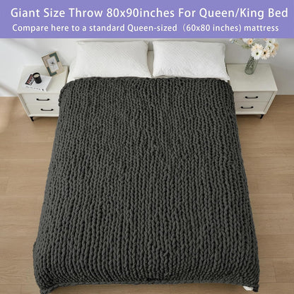 Bigacogo Chunky Knit Throw Blanket for Couch, 80x90 inches, 100% Hand Knitted with Thick Jumbo Chenille Yarn, Cozy Soft Large Rope Knot Cable Crochet Blankets for Sofa Bed Living Room, Dark Grey