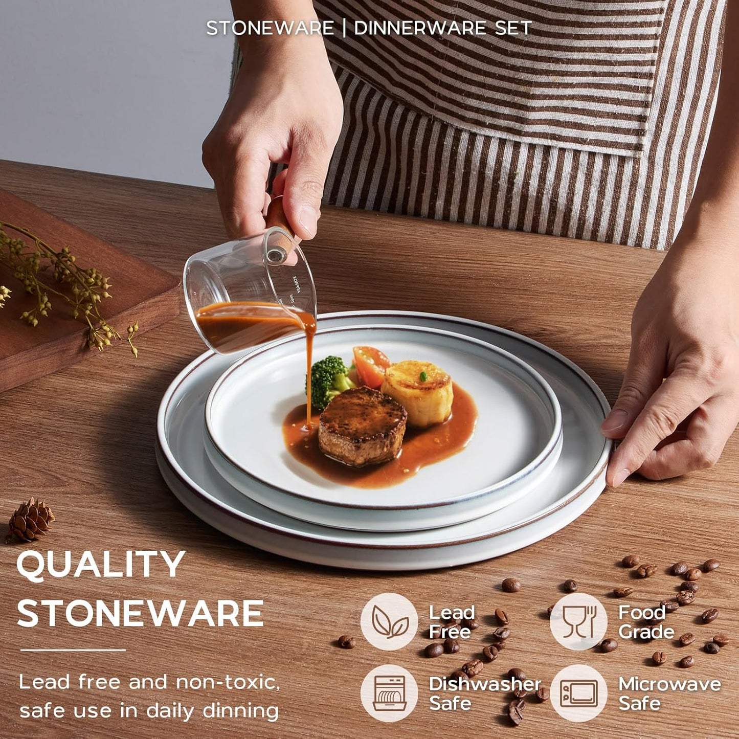 Onader Stoneware Dinnerware Sets, 12 Piece Plates and Bowls Dish Sets for 4, Ceramic Dishware Dining Ware with Rustic Terracotta Bottom - Glacier White