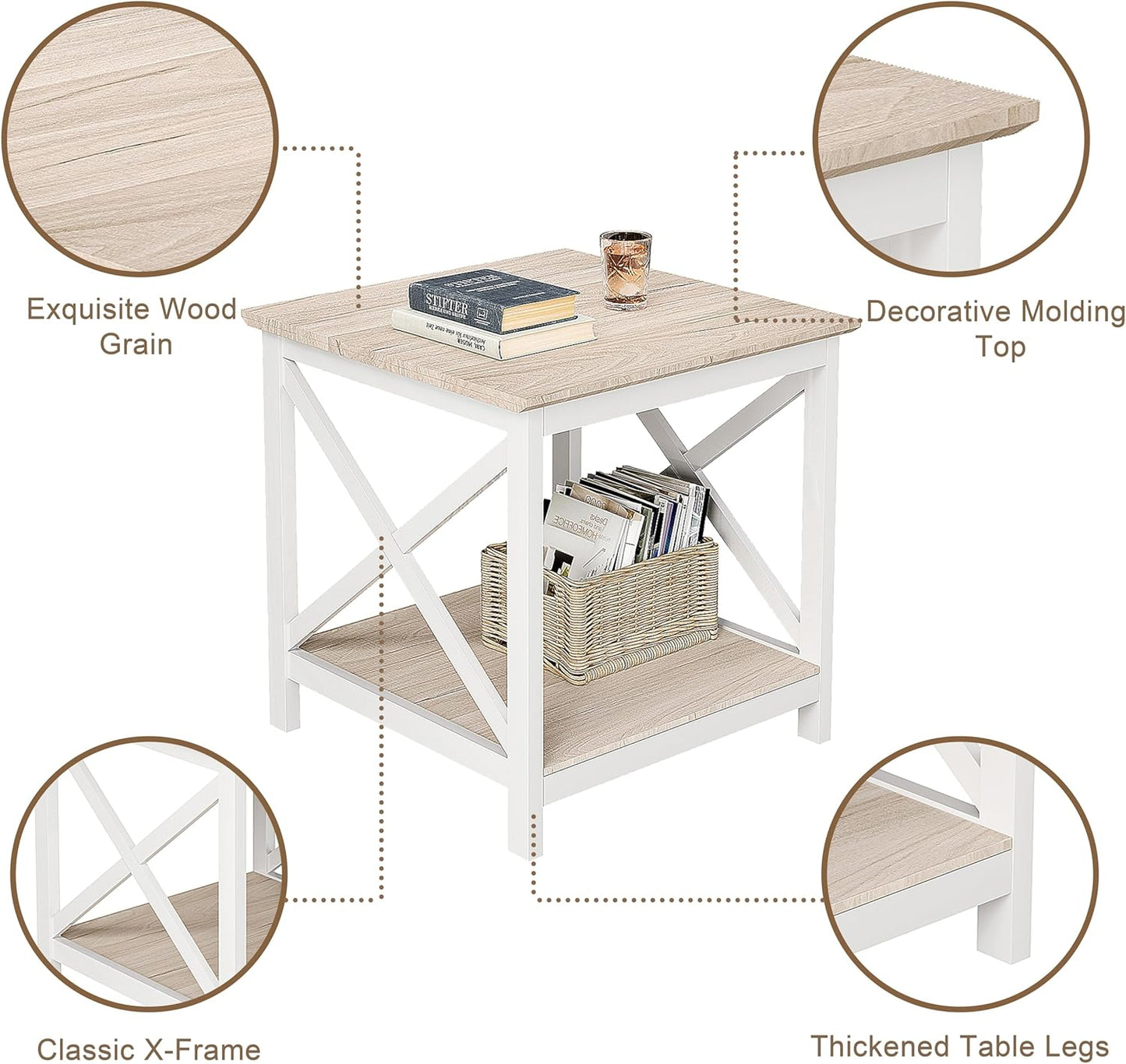 ChooChoo End Table, 24 Inch End Table with 2-Tier Storage Shelf, Side Table for Living Room, Wood Nightstand for Bedroom, Office, Oak