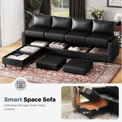 118.5" Faux Leather Modular Sectional Sofa, U Shaped Couch Set for Living Room, Large 8-Seater Comfy Cloud Couches with Storage Seat DIY Combination - Black