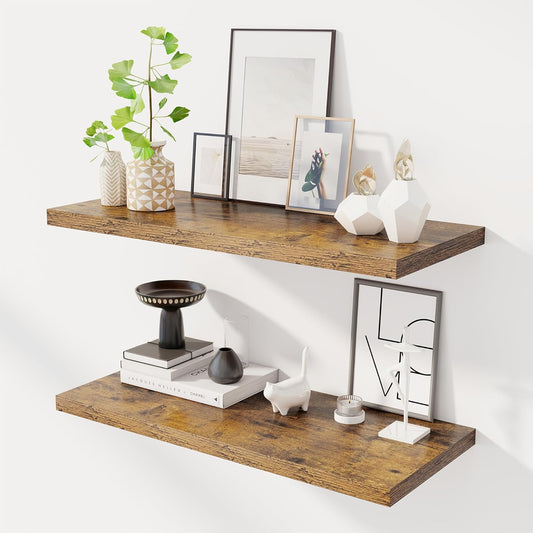 32" Floating Shelves for Wall, 12" Deep Slim Rustic Brown Floating Shelves, Wall-Mounted Shelves for Bedroom, Living Room, Kitchen, Bathroom - Set of 2