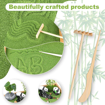 Zen Garden Kit for Desk 11''x7.5'' Room Decor with Green Sand, Panda Decorative Ornaments, Haystack, Ceramic Mountain, Stones and Rakes (Panda Bamboo)