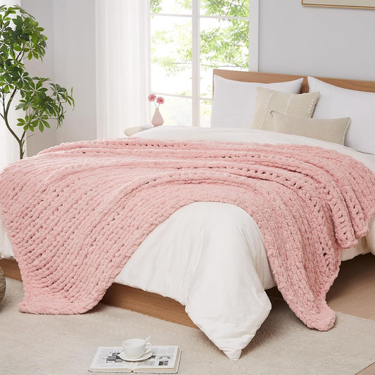 L'AGRATY Chunky Knit Blanket Throw - Soft Chenille Yarn Throw Blanket 40x50: Handmade Thick Knit Crochet Blanket - Large Chunky Rope Pink Throw Blanket for Couch Sofa Bed Home Decor