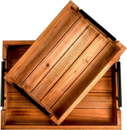 Set of 2 Decorative Nested Wood Vintage Serving Tray with Black Stainless Steel Handles for Eating, Breakfast in Bed,Kitchen,Ottoman Trays, Coffee Table Trays Farmhouse Tray