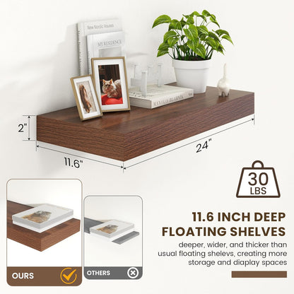 Deep Floating Shelves for Wall | 24 Inch Wide x 12 Inch Deep Floating Shelves | 24W x 12D Rustic Walnut Wide Wall Shelves | Bookshelf Laundry Shelf TV Shelf