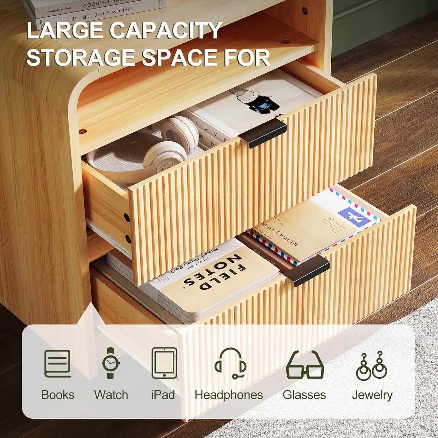 FURSUN 24" Fluted Nightstand Set of 2 with Charging Station, Wooden End Table with 2 Drawers Storage, Curved Profile Design, Modern Bedside Cabinet for Bedroom Living Room, Natural Oak