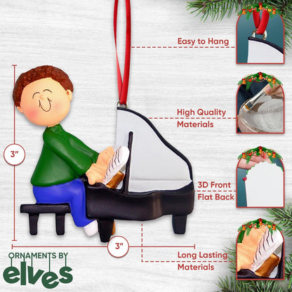 Ornaments by Elves Personalized Grand Piano Ornament for Christmas Tree 2024 - Brunette Music Boy Musical Instrument Decoration for Music Lovers