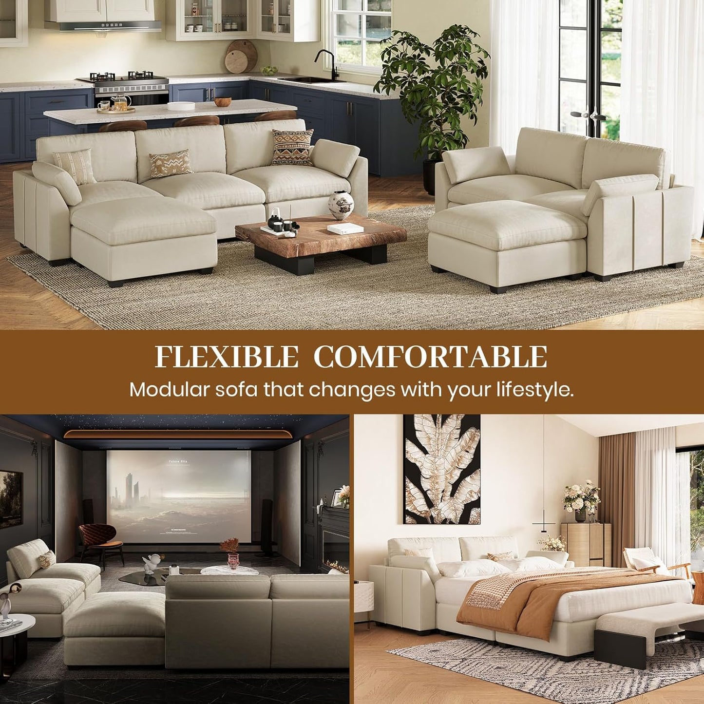 Belffin Sectional Couches for Living Room,106.3" 6-Seater Sleeper Sofa Bed,Extra Deep Seat Velvet Cloud Couch with Ottoman,Modular Sectional Sofa with Washable Covers,Beige