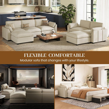 Belffin Sectional Couches for Living Room,106.3" 6-Seater Sleeper Sofa Bed,Extra Deep Seat Velvet Cloud Couch with Ottoman,Modular Sectional Sofa with Washable Covers,Beige