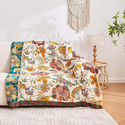Boho Throw Blanket, 100% Cotton Ultra Soft Luxury Throw Rustic Quilt, 60"x80" Floral Printed Farmhouse Decor Bed Summer Blankets, All Season Rustic Reversible Bohemian Throw for Bed - White