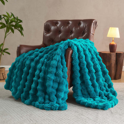 Lotus Karen Faux Fur Throw Blanket Teal - Big Bubble Rabbit Fluff Blanket for Couch Bed Sofa,Softest Fluffy Fuzzy Cozy Blanket,Thick Furry Plush Shaggy Warm Blankets for Women,90x90 Inches