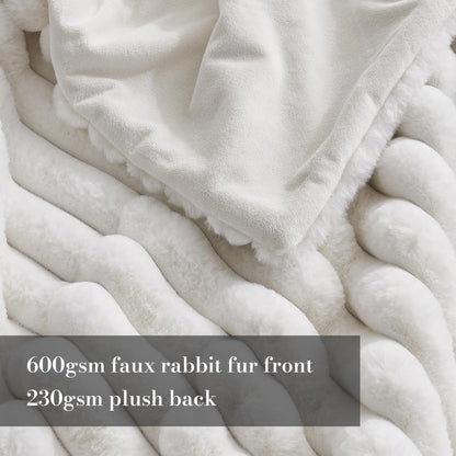 Amélie Home Faux Fur Throw Blanket for Couch, Cozy Fuzzy Fluffy Fur Luxurious Soft Striped Plush Gift Blankets for Family Sofa Chair Bed Living Room Bedroom, 60"x80", Ivory