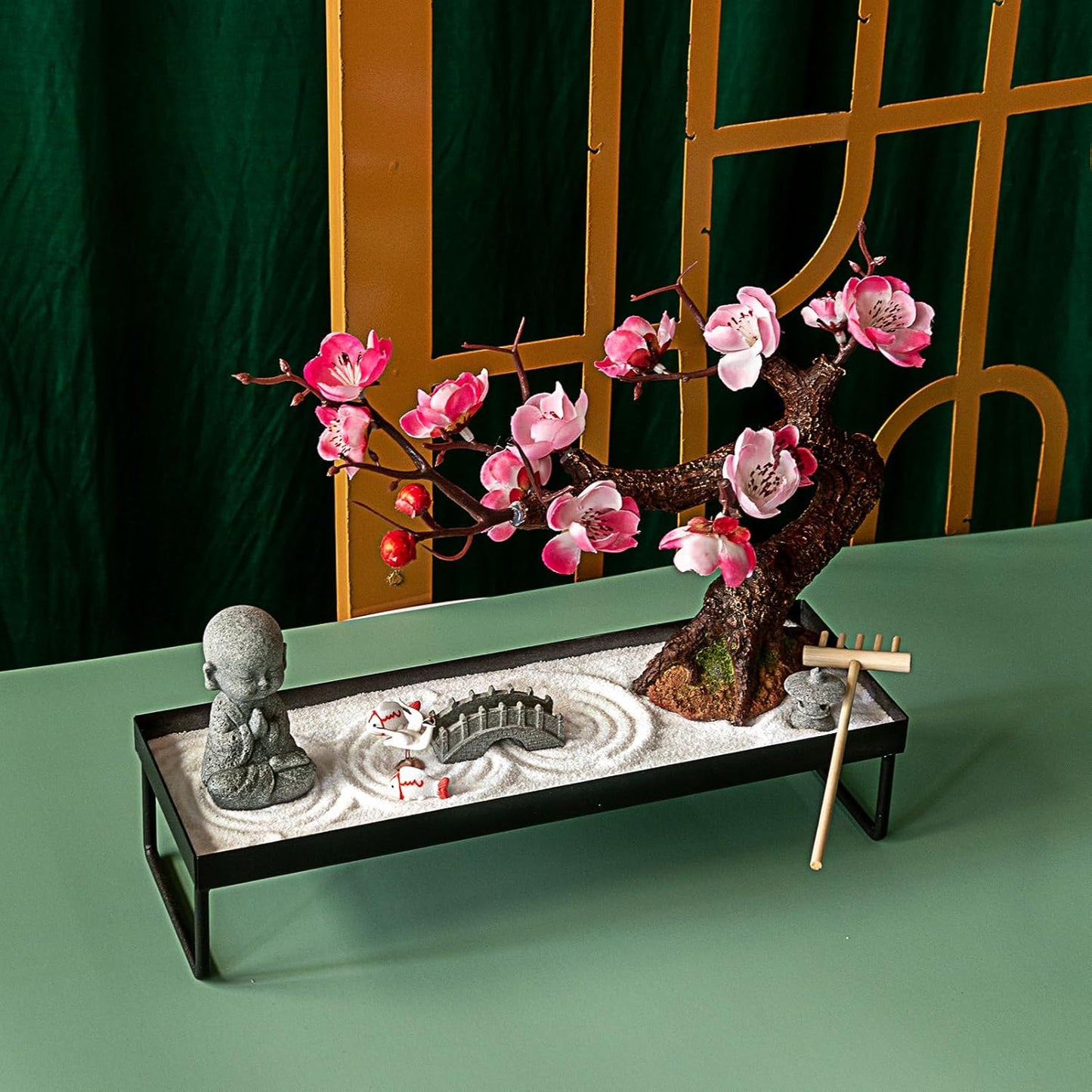 Mini Zen Garden Kit for Desk Tabletop Rock Sand Tray Therapy Kit Office Stress Relief Spiritual Decor Japanese Zen Healing Gifts for Lady Yoga Meditation Accessories with Bonsai Buddha Koli Fish Rake