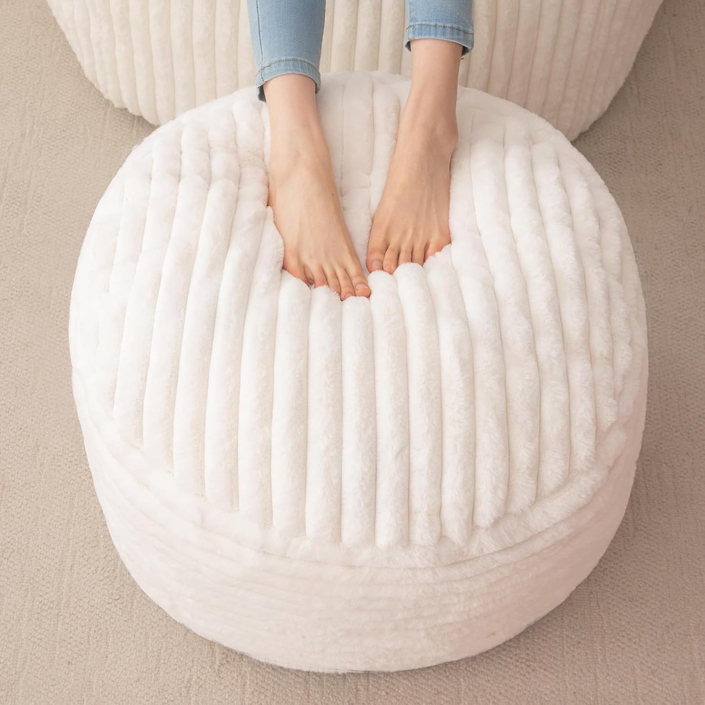 HIGOGOGO Round Stuffed Pouf Ottoman, Stripe Faux Fur Poufs with Foam Chunk Filling, Furry and Fluffy Pouf Foot Stool Storage Ottoman, 26 X 18 Floor Poufs Foot Rest for Living Room, Beige