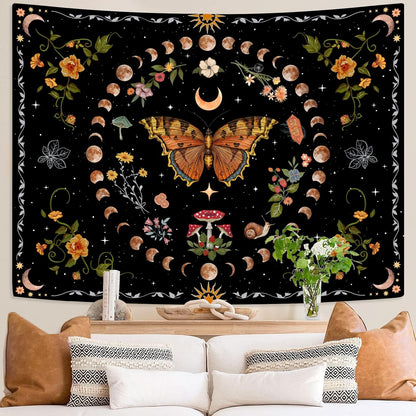 Aipon Orange Butterfly Moon Flower Tapestry Botanical Floral Plant Boho Tapestry for Bedroom Aesthetic Vintage Tapestries Wall Hanging for Living Room Dorm (36.00" x 48.00", Orange)