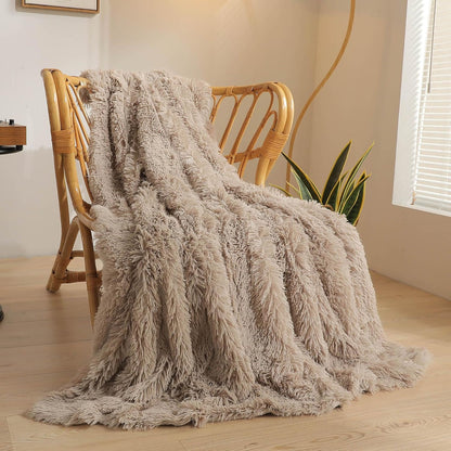 XeGe Luxury Faux Fur Throw, Soft 50x60 Fluffy Blanket, Shaggy Plush Decorative Couch Blanket, Winter Fall Cute Fuzzy Furry Lap Throw for Office Bedroom Living Room Khaki
