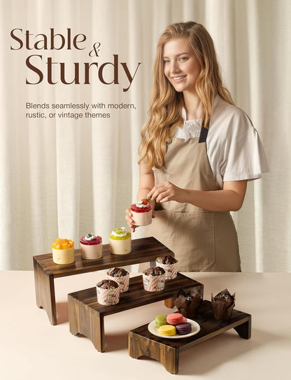 Acacia Wooden 3 Tier Cupcake Stand - Risers for Display for Food Buffet Risers and Stands – Food Stands for Display Party – Acacia Wooden Cupcake Stand - Set of 3 Size (Walnut Color)