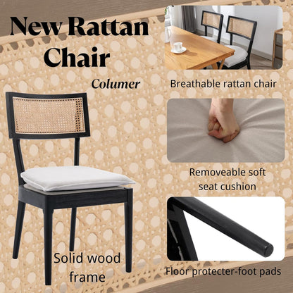 Rattan Dining Chairs Set Of 2 , Mid Century Modern Black Wooden Cane Back Chairs with Removable Linen Cushion , Retro Farmhouse Upholstered Kitchen & Dining Room Chairs for Restaurant Living Room