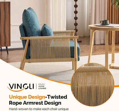 VINGLI Boho Braid Accent Armchair,Mid-Century Modern Chiar with Solid Wooden Armrest,Comfy Louge Cushion Chair with Waist Pillow for Bedroom,Living Room,Reading Room, Teal
