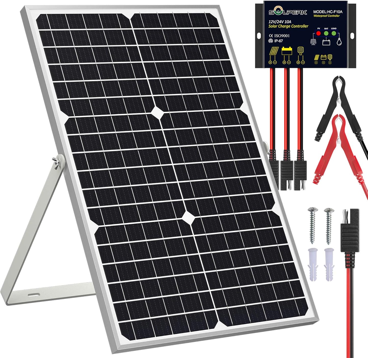SOLPERK Solar Panel Kit 30W 12V, Solar Battery Trickle Charger Maintainer + Upgrade Waterproof Controller + Adjustable Mount Bracket for Boat Car RV Motorcycle Marine Automotive