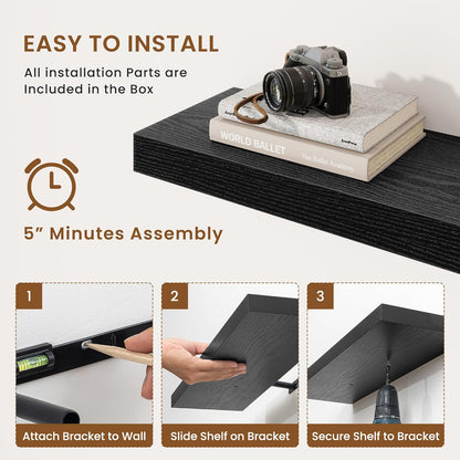 fuqing Floating Shelves for Wall, Bathroom Shelf Wall Mounted for Storage, Shelves with Invisible Bracket for Bedroom, Kitchen, Living Room, Farmhouse Small Book Shelf, 24 Inch Set of 2, Black