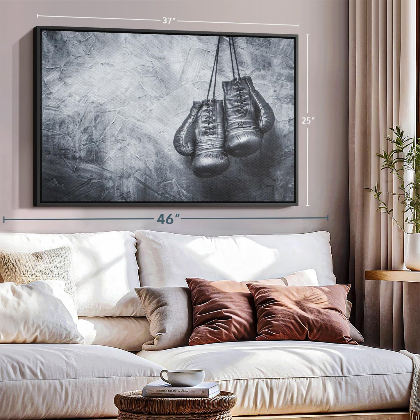 ElephantStock Boxing Gloves Wall Art - Horizontal Framed Canvas - 1-Piece Living Room Wall Decor - Photography Sports Canvas Print - Black and Gray Decor for Wall - 37" X 25"