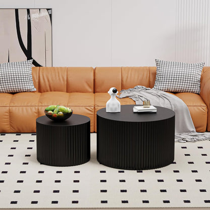 WXFKLDJ Round Nesting Coffee Table Set Cylindrical Wooden Coffee Table Sofa Center Table Circle Embossed Design Side Table for Living Room Apartment No Assembly (Round Black Small)