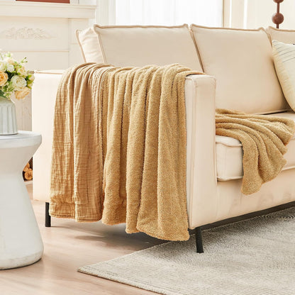 EMME Muslin and Fleece Twin Blanket Reversible - 60"*80" Beige Soft Warm Throw Blankets for Couch Bed Picnic Travel Bed