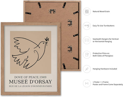 Poster Master Vintage Poster - Retro Minimalist Print - Gift for Artist, Friend - Dove Of Peace, Line Drawing, Sketch, Abstract - Wall Decor for Living Room, Bedroom, 11x14 Beige Framed