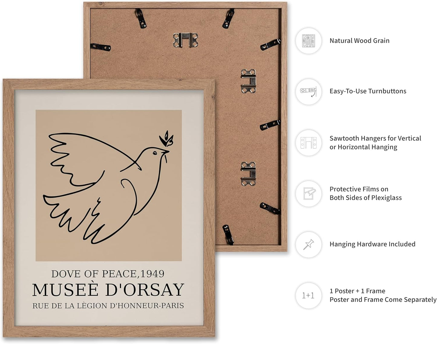 Poster Master Vintage Poster - Retro Minimalist Print - Gift for Artist, Friend - Dove Of Peace, Line Drawing, Sketch, Abstract - Wall Decor for Living Room, Bedroom, 16x20 Beige Framed