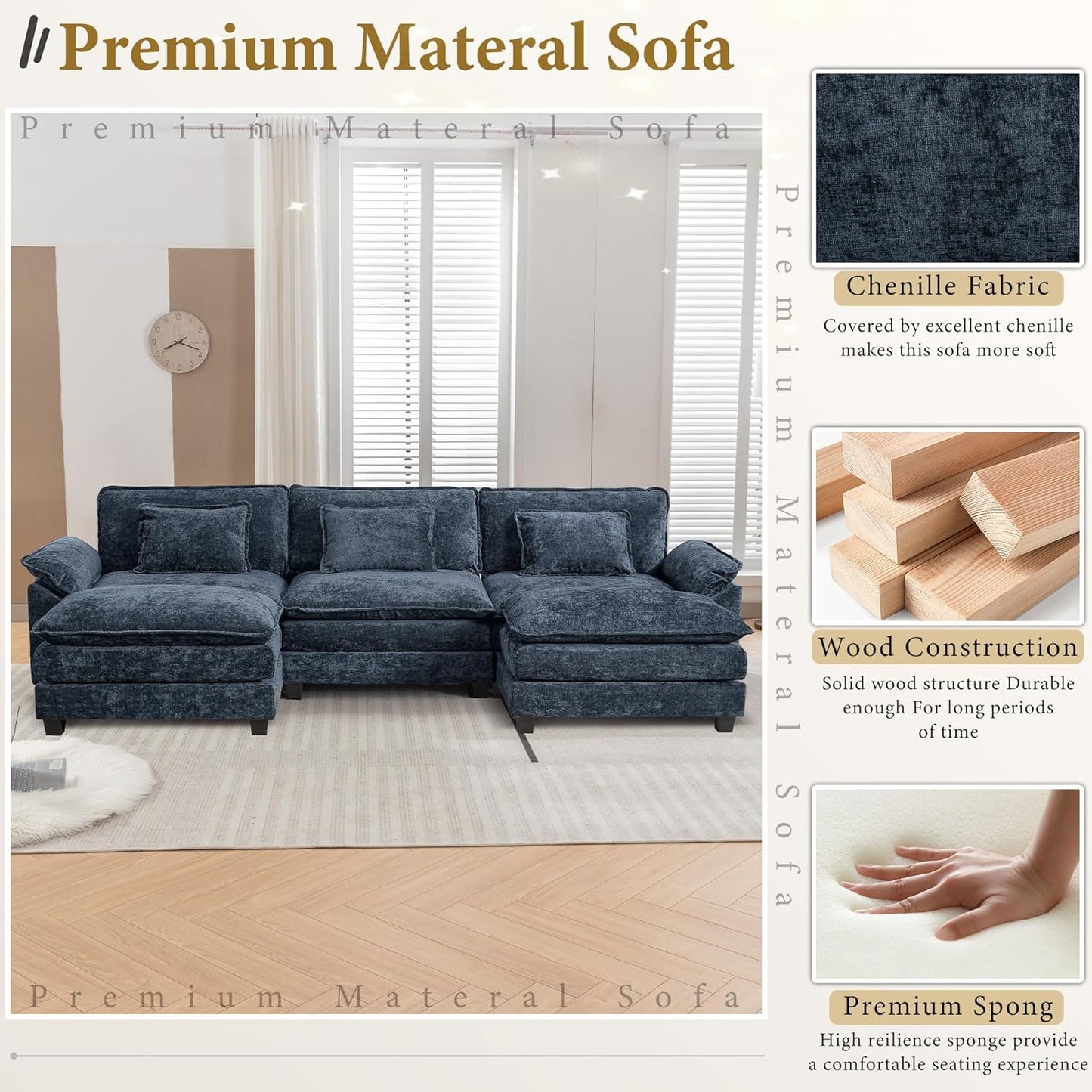 URRED Modular Sectional Sofa Comfy Cloud Couch, Modern Chenille Sofa Sleeper Deep Seat Couches with Ottoman/Pillows for Living Room (Blue, 117'' - U Shape)