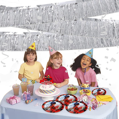 Silver Foil Fringe Garland 10FT 2packs, Metallic Foil Tinsel Fringe Banners for Parade Float Decorations Wedding, Birthday Party Graduation (Two Silver)