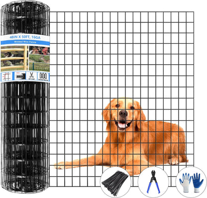 Welded Wire Fence, 50ft(L) x 48inch(H) Garden Fence for Dog, 2 Inch x 3 Inch 16GA Fencing for Chicken, PVC Coated Anti-Rust Roll Metal Wire Mesh Fence for Yard Vegetable, Black