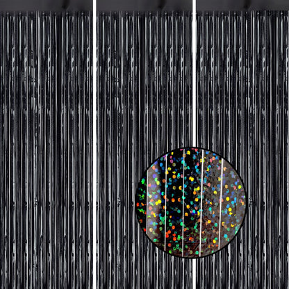 3 Pack Foil Fringe Backdrop - Laser Black Shiny Tinsel Curtains for Party Decoration/Photo Booth Props - 3.3x8.2 FT Metallic Foil Backdrop for Birthday, Wedding, Graduation, Christmas.