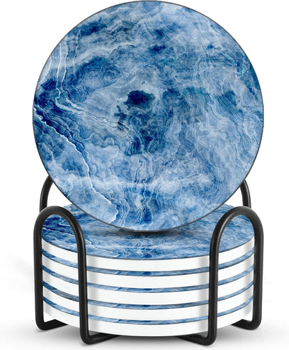 Emerson Coasters for Drinks Absorbent – Natural Stone Drink Coasters Set with Holder, Coasters for Coffee Table, Wooden Tabletop Protection Marble Style – 100% Heavy Duty Set of 6 (Glacier)