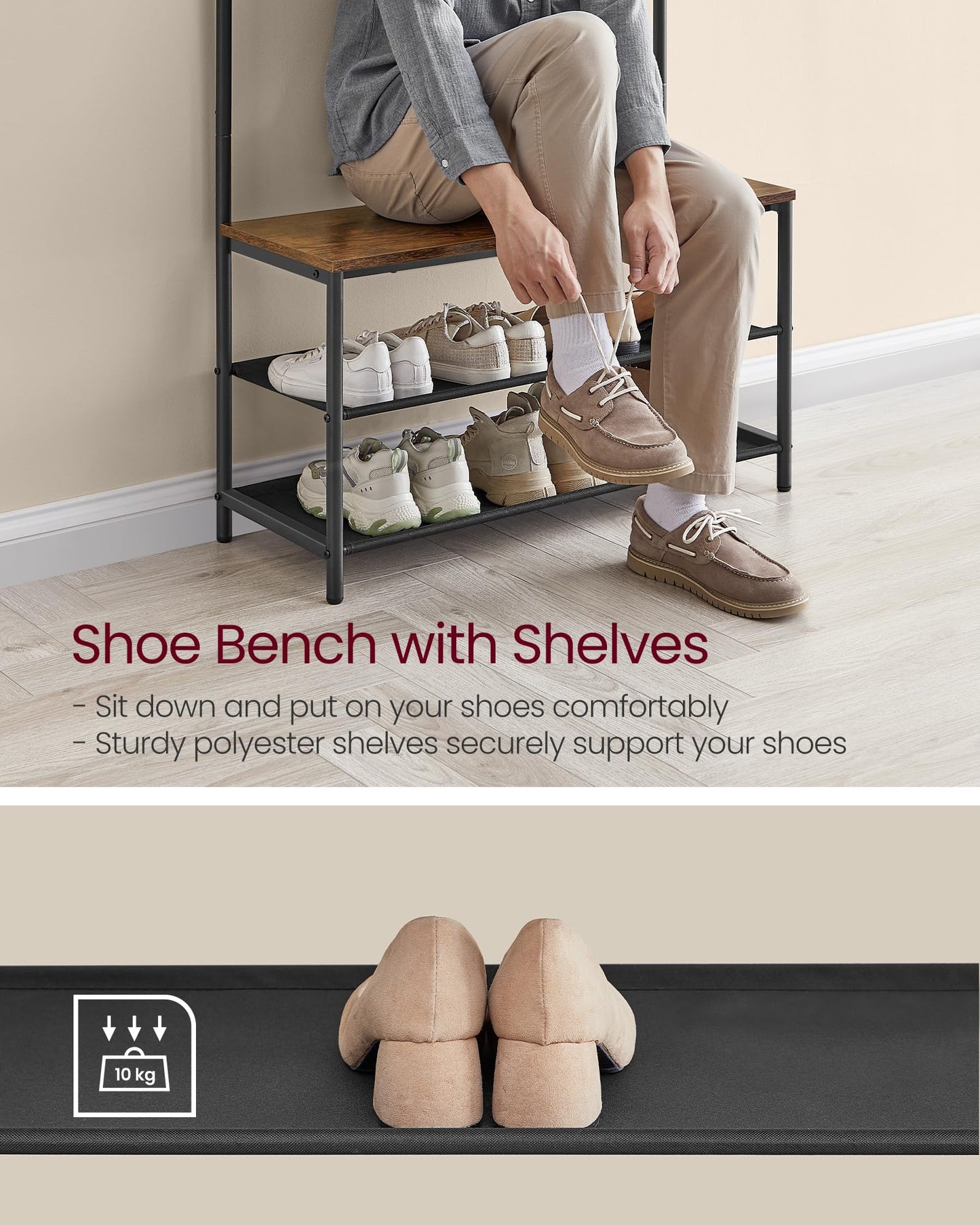 VASAGLE Hall Tree with Bench and Shoe Storage, Entryway Bench with Coat Rack Stand and Shoe Rack, 9