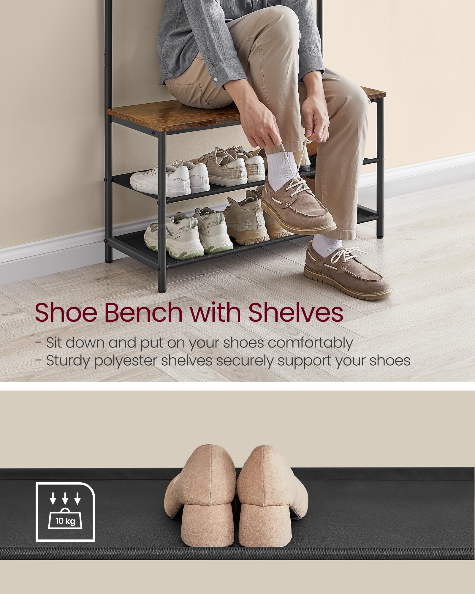 VASAGLE Hall Tree with Bench and Shoe Storage, Entryway Bench with Coat Rack Stand and Shoe Rack, 9