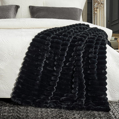 Cozy Bliss Faux Fur Throw Blanket for Couch, Cozy Warm Plush Striped Blanket for Sofa Bedroom Living Room,60 * 80 Inches Black