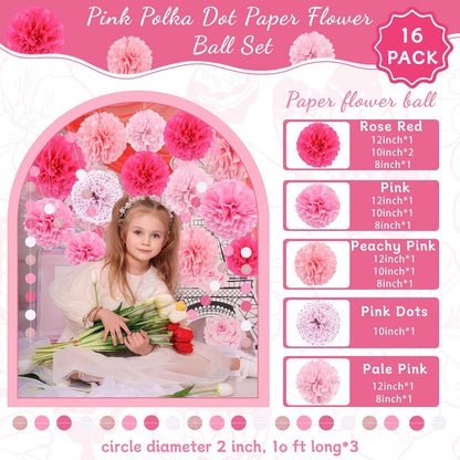 Pink Party Decorations,16 PCS Tissue Paper Pom Poms Dots Paper Garland Hanging Decoration for Pink Theme Birthday Decorations Bridal Shower Wedding Engagement Gender Reveal Celebration