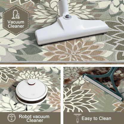 Area Rug 2x6 Brown White Washable Entry Rug Multicolored Tropical Botanical Modern Floral Indoor Kitchen Door Mat Entrance Carpet Non Slip for Bedroom Living Room, Porch