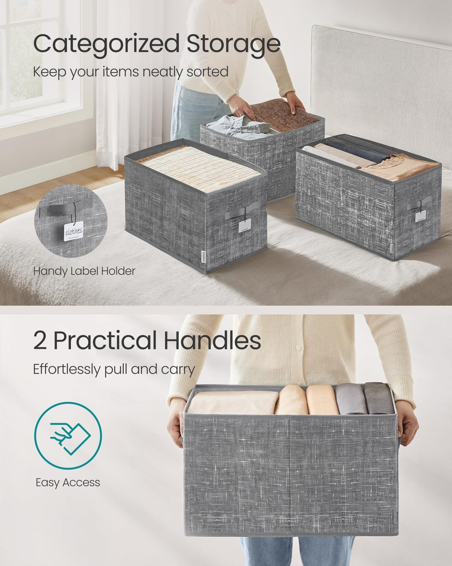 SONGMICS Storage Baskets, Set of 3, Foldable Closet Organizer for Shelves