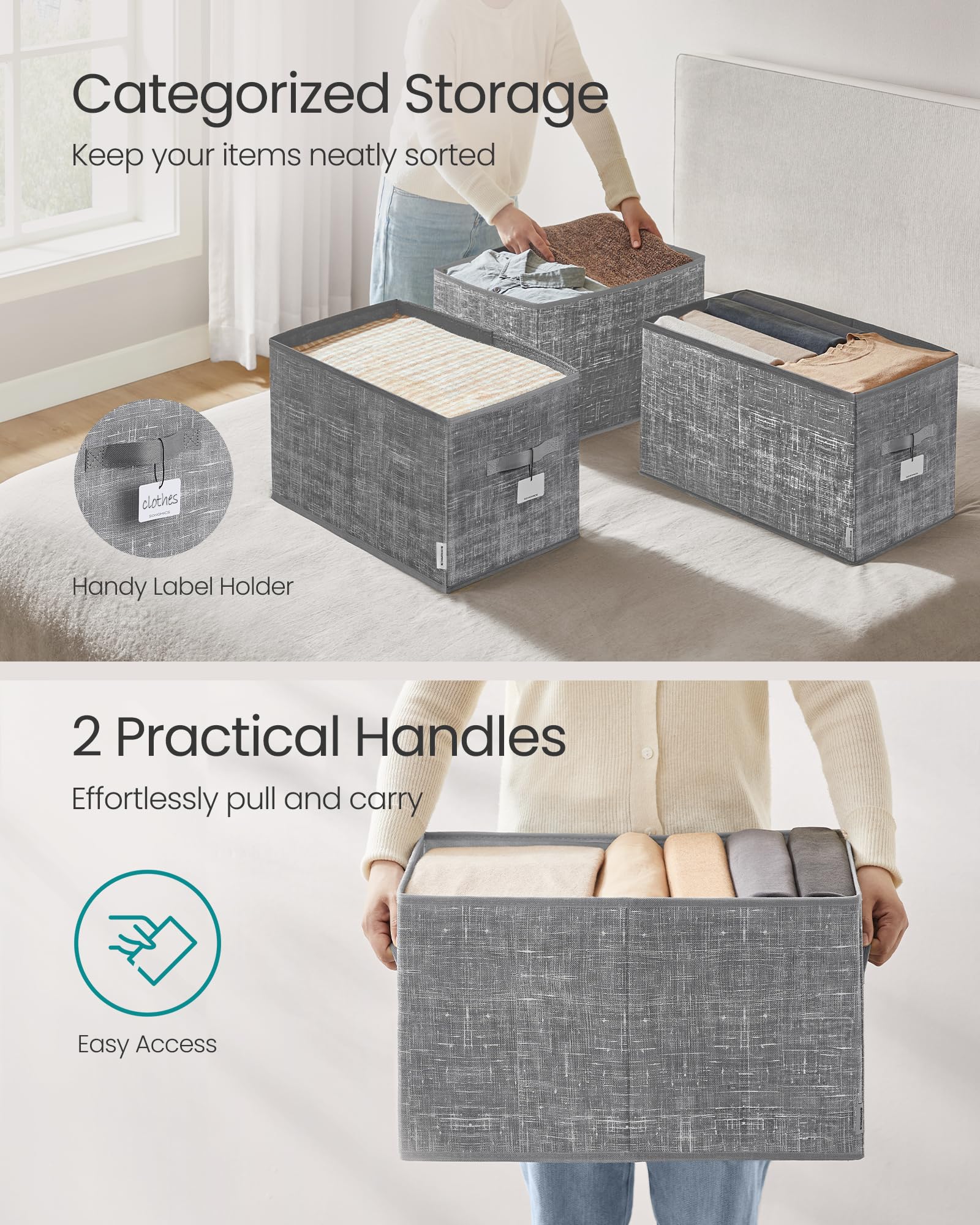 SONGMICS Storage Baskets, Set of 3, Foldable Closet Organizer for Shelves