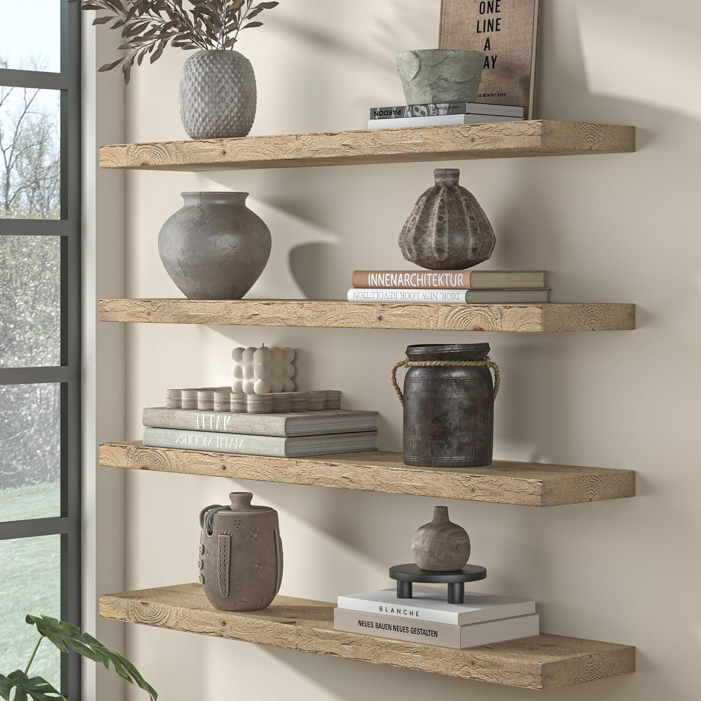 Fun Memories Floating Shelves for Wall Decor, 30"x8" Rustic Reclaimed Wood Shelves, Heavy-Duty Wall Mounted Shelves with Invisible Brackets, Set of 2for Living Room, Bedroom, Kitchen, Natural Finish