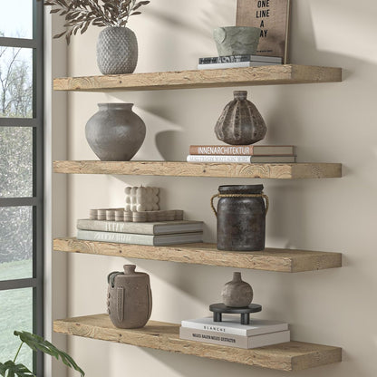 Fun Memories Floating Shelves for Wall Decor, 36"x8" Rustic Reclaimed Wood Shelves, Heavy-Duty Wall Mounted Shelves with Invisible Brackets, Set of 2for Living Room, Bedroom, Kitchen, Natural Finish
