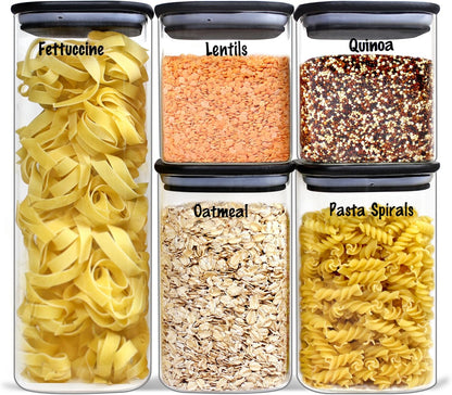 Urban Green Glass Jars with Black Bamboo Lids, food storage sets with airtight black lids, Glass Canisters Sets, Kitchen Organizing Jars (5 Sets of 27oz, 38oz, 66oz)