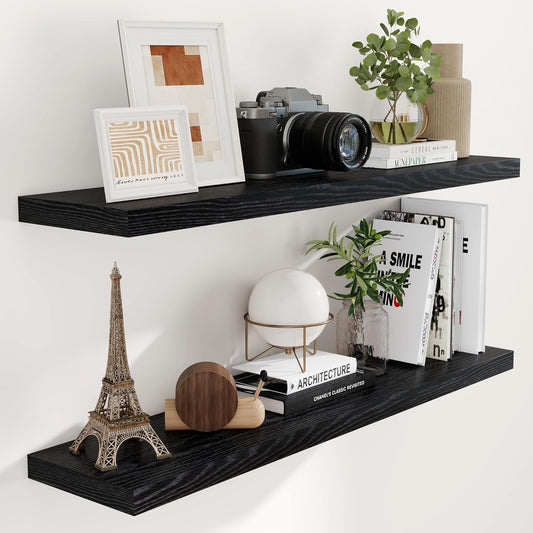 Fun Memories Floating Shelves 48 Inch Set of 2, Black 48 x 9 Wall Shelves for Home Decor Storage, Rustic Wood Floating Shelf for Wall, 9 Inch Deep Shelving for Bathroom, Living Room, Kitchen