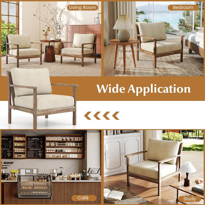 Giantex Mid Century Modern Accent Chair Set of 2, Wooden Arm Chair w/Solid Wood Frame, Removable Seat Cushion & Pillow, Vintage Comfy Reading Chair for Living Room, Bedroom, Study