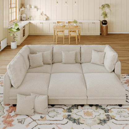LLappuil Modular Sectional Sofa with Storage, U-Shaped Convertible Sleeper Couch, 6-Seat Oversized Living Room Sofa with 6 Back Cushions & 6 Throw Pillows, Beige Corduroy Fabric